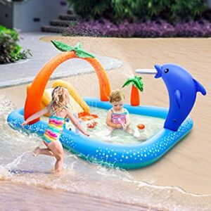 Inflatable Play Center, Kiddie Pool for Kids, Toddler Pool Seaside Water Lounge with Slide, Coconut Palm Sprinkler, Ball Toss Game, Ring Toss Game for Kids Children Ages 3+, 95'' x 75'' x 40''