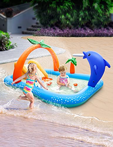 Inflatable Play Center, Kiddie Pool for Kids, Toddler Pool Seaside Water Lounge with Slide, Coconut Palm Sprinkler, Ball Toss Game, Ring Toss Game for Kids Children Ages 3+, 95'' x 75'' x 40''