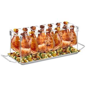 Chicken Leg Rack for Grill with Drip Tray - Easy to Use 14 Slots Chicken Wing Rack - Premium Stainless Steel Chicken Drumstick Rack for Smoker - Chicken Drumstick Holder for Grill Accessories