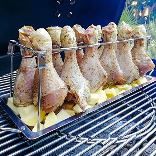 Chicken Leg Rack for Grill with Drip Tray - Easy to Use 14 Slots Chicken Wing Rack - Premium Stainless Steel Chicken Drumstick Rack for Smoker - Chicken Drumstick Holder for Grill Accessories