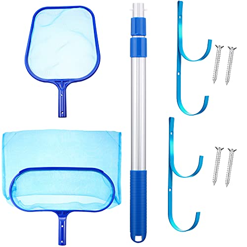 Swimming Pool Skimmer Net with Pole, 3 Feet Adjustable Aluminum Telescopic Pole and 2 Piece Hook Hanger, Deep Bag Pool Net and Shallow Net, Leaf Rake Cleaning Tool for Spa, Hot Tub, Pond Cleaning