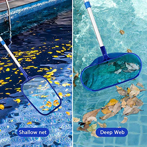 Swimming Pool Skimmer Net with Pole, 3 Feet Adjustable Aluminum Telescopic Pole and 2 Piece Hook Hanger, Deep Bag Pool Net and Shallow Net, Leaf Rake Cleaning Tool for Spa, Hot Tub, Pond Cleaning