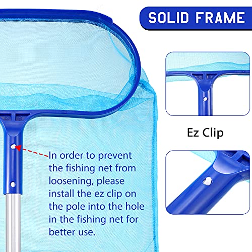 Swimming Pool Skimmer Net with Pole, 3 Feet Adjustable Aluminum Telescopic Pole and 2 Piece Hook Hanger, Deep Bag Pool Net and Shallow Net, Leaf Rake Cleaning Tool for Spa, Hot Tub, Pond Cleaning