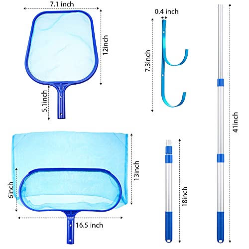 Swimming Pool Skimmer Net with Pole, 3 Feet Adjustable Aluminum Telescopic Pole and 2 Piece Hook Hanger, Deep Bag Pool Net and Shallow Net, Leaf Rake Cleaning Tool for Spa, Hot Tub, Pond Cleaning