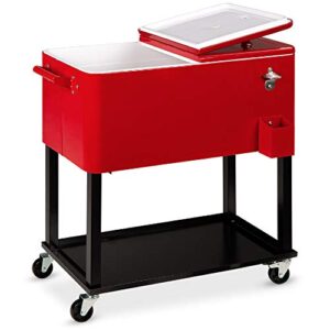 best choice products 80qt outdoor steel rolling cooler cart for cookouts, tailgating, bbq w/bottle opener, catch tray, drain plug, and locking wheels – red