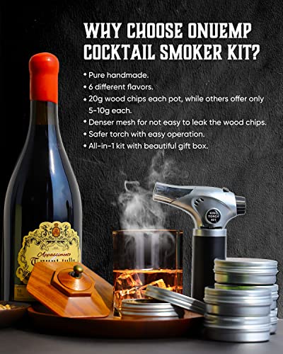 Cocktail Smoker Kit with Torch, ONUEMP Old Fashioned Kit with 6 Flavor Wood Chips for Whiskey and Bourbon, Aged Drink Smoker Infuser Kit, Smoke Top Bar Gifts for Whiskey Lovers Men Father (No Butane) …