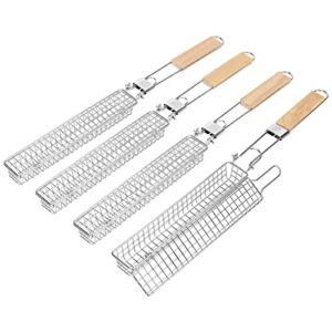 4 packs 22” extra long stainless steel kabob grilling baskets with foldable handle – easy lock 0.4” mesh grid not falling out design grill basket set, kabob baskets for grilling vegetables, seafood, meat