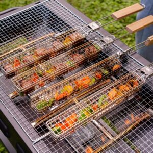 4 Packs 22” Extra Long Stainless Steel Kabob Grilling Baskets with Foldable Handle - Easy Lock 0.4” Mesh Grid Not Falling Out Design Grill Basket Set, Kabob Baskets for Grilling Vegetables, Seafood, Meat