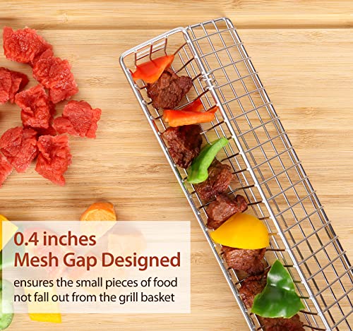 4 Packs 22” Extra Long Stainless Steel Kabob Grilling Baskets with Foldable Handle - Easy Lock 0.4” Mesh Grid Not Falling Out Design Grill Basket Set, Kabob Baskets for Grilling Vegetables, Seafood, Meat