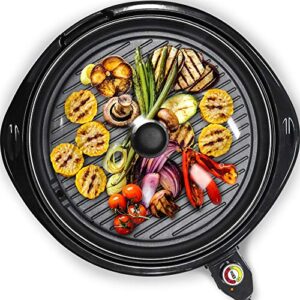 elite gourmet emg-980bsc large indoor electric round nonstick grill cool touch fast heat up ideal low-fat meals easy to clean design dishwasher safe includes glass lid, black
