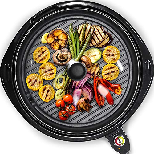 Elite Gourmet EMG-980BSC Large Indoor Electric Round Nonstick Grill Cool Touch Fast Heat Up Ideal Low-Fat Meals Easy to Clean Design Dishwasher Safe Includes Glass Lid, Black