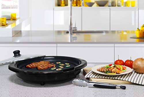 Elite Gourmet EMG-980BSC Large Indoor Electric Round Nonstick Grill Cool Touch Fast Heat Up Ideal Low-Fat Meals Easy to Clean Design Dishwasher Safe Includes Glass Lid, Black