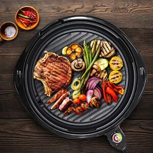 Elite Gourmet EMG-980BSC Large Indoor Electric Round Nonstick Grill Cool Touch Fast Heat Up Ideal Low-Fat Meals Easy to Clean Design Dishwasher Safe Includes Glass Lid, Black