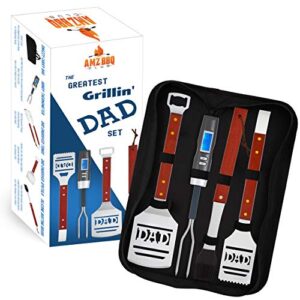 amz bbq club gifts for dad grill set for fathers day, dad’s birthday or anytime – 4 piece grilling accessories for men includes spatula, tongs, digital thermometer, basting brush