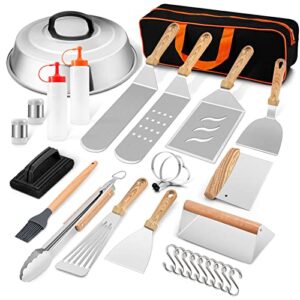 griddle accessories kit of 19, hasteel stainless steel teppanyaki spatula tools set, heavy duty metal spatula, melting dome, burger press for grilling camping cooking indoor & outdoor, easy to clean