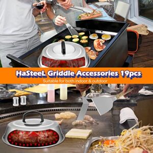 Griddle Accessories Kit of 19, HaSteeL Stainless Steel Teppanyaki Spatula Tools Set, Heavy Duty Metal Spatula, Melting Dome, Burger Press for Grilling Camping Cooking Indoor & Outdoor, Easy to Clean