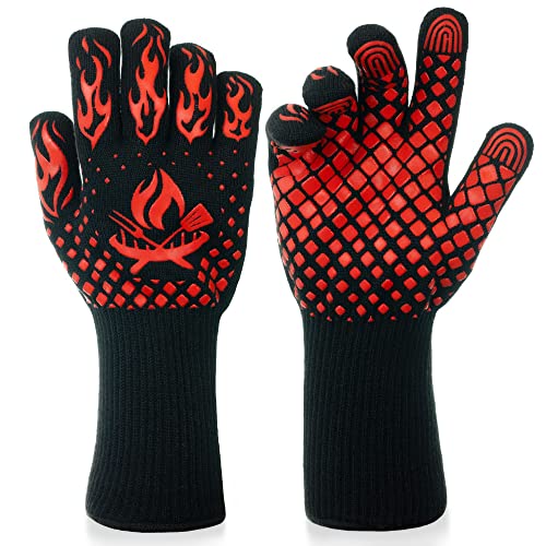 BBQ Gloves - 1472 Degree F Heat Resistant Grilling Gloves - Non-Slip Silicone Grip Design - Grill Gloves for Outdoor Grill, Barbecue, Oven, Cooking, Kitchen and Baking (Red)