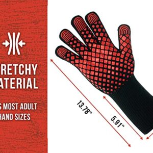BBQ Gloves - 1472 Degree F Heat Resistant Grilling Gloves - Non-Slip Silicone Grip Design - Grill Gloves for Outdoor Grill, Barbecue, Oven, Cooking, Kitchen and Baking (Red)