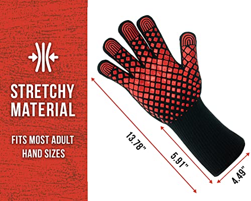BBQ Gloves - 1472 Degree F Heat Resistant Grilling Gloves - Non-Slip Silicone Grip Design - Grill Gloves for Outdoor Grill, Barbecue, Oven, Cooking, Kitchen and Baking (Red)