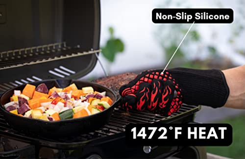 BBQ Gloves - 1472 Degree F Heat Resistant Grilling Gloves - Non-Slip Silicone Grip Design - Grill Gloves for Outdoor Grill, Barbecue, Oven, Cooking, Kitchen and Baking (Red)