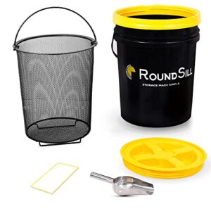 roundsill wood pellet storage containers for smoker – xl 20lb grill bucket with lid, dust sifter, scoop, aroma lock gamma lid accessories holder organizer