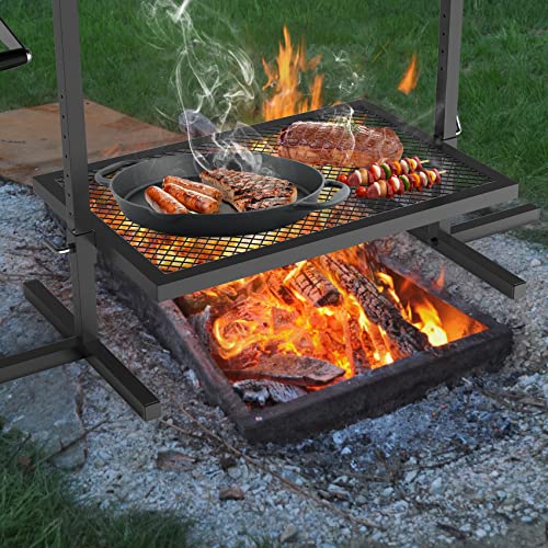 only fire Adjustable Grill Rotisserie System and Spit, Over Fire Camp Grill with Cooking Grate for Outdoor Open Flame Cooking