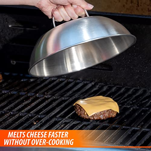 9 Inch Grill Dome Cover, BBQ Grill Accessory Melts Cheese, Cooks Burgers Faster and Prevents Splatter, for Indoor or Outdoor Use, Stainless Steel with Wire Handle