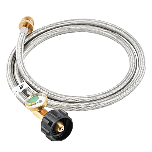 JEASOM 5 FT Propane Adapter Hose with Gauge - 1Lb to 20Lb Propane Conversion for Type1 LP Tank/QCC1,Bulk Portable Appliance and Gas Grill (Stainless Steel Braided Hose)