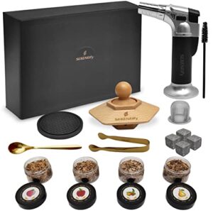 sereneify cocktail smoker kit with torch – old fashioned smoker kit with 4 wood chips, bourbon smoker kit for drinks, gift for men, easy to use whiskey smoker kit (no butane)