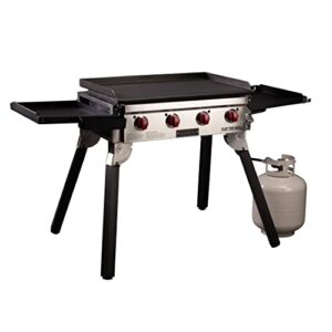 camp chef portable flat top grill, true seasoned griddle surface, four 12,000 btu/hr. stainless steel burners
