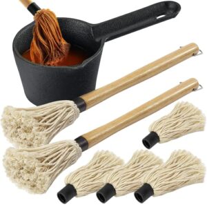 cast iron sauce pot and bbq mop brush set for grilling, 7 pcs barbecue accessories include 24 oz heat preservation heavy basting melting pot, 2pcs wooden long handle sauce mops and 4pcs replacements