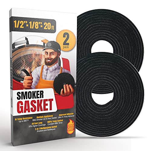 Smoker Chef XXL 20 FT Grill Gasket for Smokers - Black 1/2’’ x 1/8’’ Hi Temp Seal Smoker Gasket – 2-Pack x 10 FT Self Stick Black Nomex Fire Tape for BBQ Lid – High Heat Temperature Material Replace