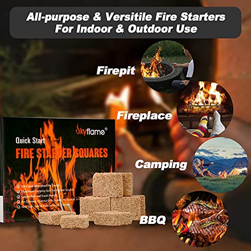 Skyflame 100 Pack Natural Fire Starters, Square Waterproof Easy Fire Charcoal Starters Compatible with BGE, Kamado Joe, Smokers, Wood Stove & Grills, BBQ & Grill, Campfire, Fireplace, Camp Fire Pits
