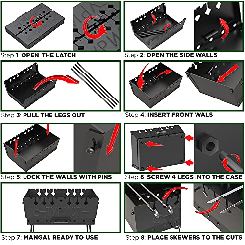 Charcoal Grill for 8 Skewers - Portable Barbecue 16.9"×11.8"×23.6" Kabob Camp Grills - Foldable Metal Mangal - Kebab Shish - BBQ for EDC Picnic Outdoor Cooking Camping Hiking