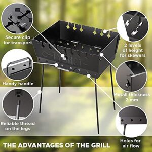 Charcoal Grill for 8 Skewers - Portable Barbecue 16.9"×11.8"×23.6" Kabob Camp Grills - Foldable Metal Mangal - Kebab Shish - BBQ for EDC Picnic Outdoor Cooking Camping Hiking