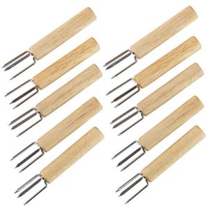 yellrin corn holders set of 10 stainless steel corn on the cob holders fruit forks with wood handle for home cooking and bbq twin prong sweetcorn holders