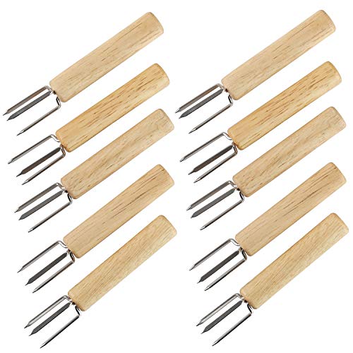 YellRin Corn Holders Set of 10 Stainless Steel Corn on The Cob Holders Fruit Forks with Wood Handle for Home Cooking and BBQ Twin Prong Sweetcorn Holders