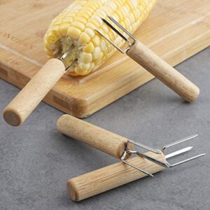 YellRin Corn Holders Set of 10 Stainless Steel Corn on The Cob Holders Fruit Forks with Wood Handle for Home Cooking and BBQ Twin Prong Sweetcorn Holders