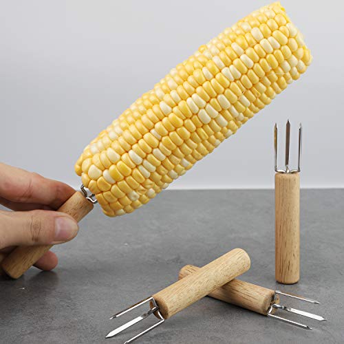 YellRin Corn Holders Set of 10 Stainless Steel Corn on The Cob Holders Fruit Forks with Wood Handle for Home Cooking and BBQ Twin Prong Sweetcorn Holders