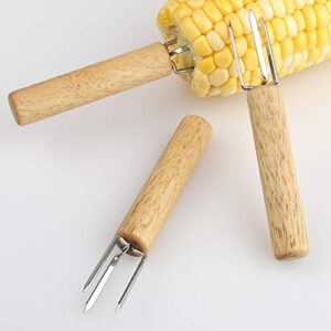 YellRin Corn Holders Set of 10 Stainless Steel Corn on The Cob Holders Fruit Forks with Wood Handle for Home Cooking and BBQ Twin Prong Sweetcorn Holders