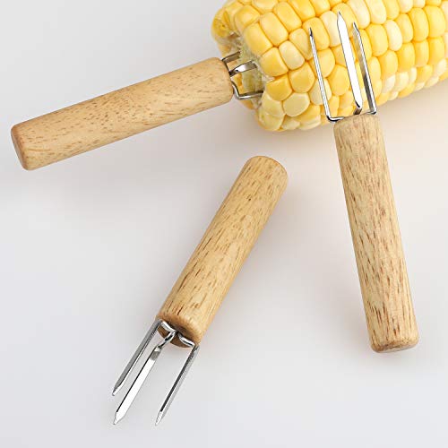 YellRin Corn Holders Set of 10 Stainless Steel Corn on The Cob Holders Fruit Forks with Wood Handle for Home Cooking and BBQ Twin Prong Sweetcorn Holders