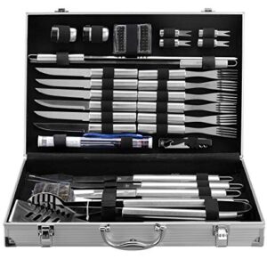 30 piece bbq grilling gift set – professional grade stainless steel barbecue grill tool set with aluminum storage case – includes 4-in-1 spatula turner, tongs and many other bbq grilling accessories
