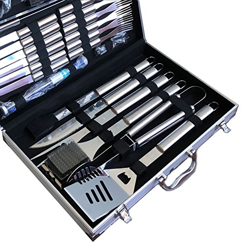 30 Piece BBQ Grilling Gift Set - Professional Grade Stainless Steel Barbecue Grill Tool Set with Aluminum Storage Case - Includes 4-in-1 Spatula Turner, Tongs and Many Other BBQ Grilling Accessories