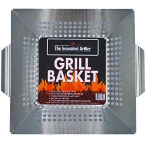 professional grade stainless steel grill basket, bbq accessories, meats, vegetables, seafood, pizza, kabob. fits charcoal, gas grills camping cookware grill tool gift for dad