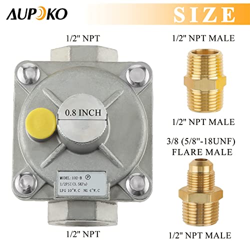 Aupoko 1/2" Natural Gas Pressure Regulator with Sealing Ring, Interchange Pressure Regulator with 1/2" FPT Thread Fits Natural Gas and Liquefied Gas, NG 4" WC Out/LPG 10" WC Out