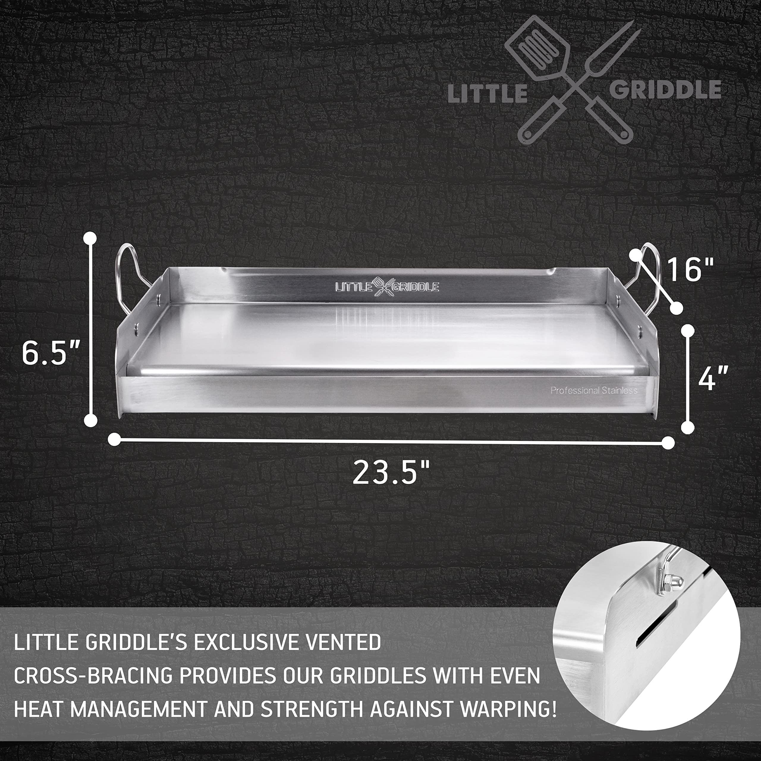 LITTLE GRIDDLE griddle-Q GQ230 100% Stainless Steel Professional Quality Griddle with Even Heat Cross Bracing and Removable Handles for Charcoal/Gas Grills, Camping, Tailgating, and Parties (25"x16"x6.5")