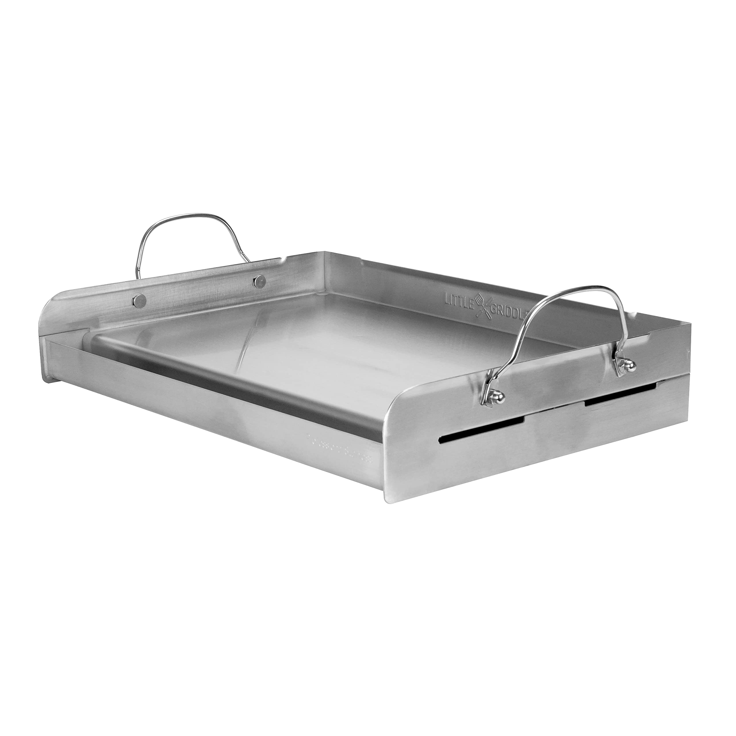 LITTLE GRIDDLE griddle-Q GQ230 100% Stainless Steel Professional Quality Griddle with Even Heat Cross Bracing and Removable Handles for Charcoal/Gas Grills, Camping, Tailgating, and Parties (25"x16"x6.5")