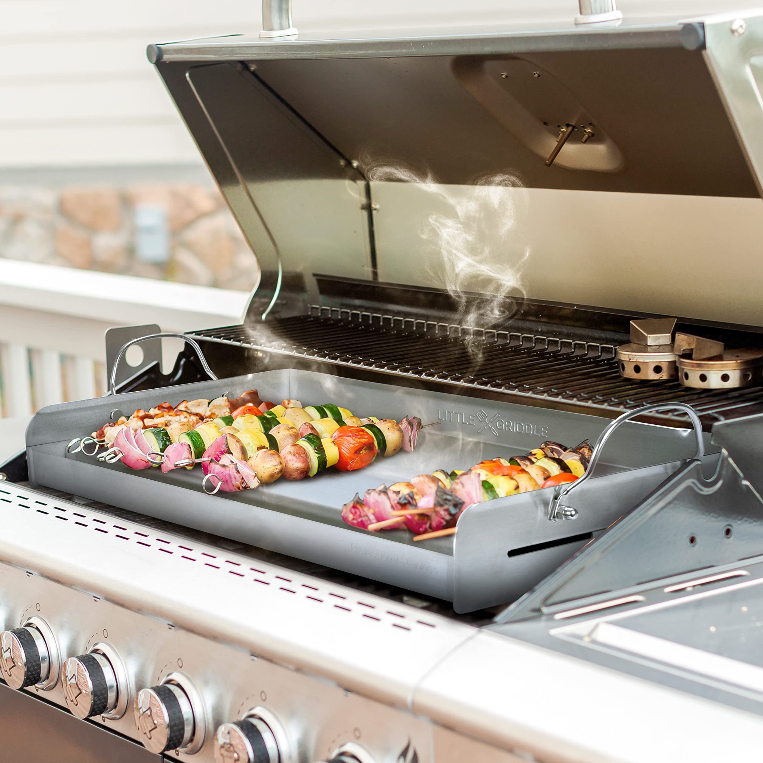 LITTLE GRIDDLE griddle-Q GQ230 100% Stainless Steel Professional Quality Griddle with Even Heat Cross Bracing and Removable Handles for Charcoal/Gas Grills, Camping, Tailgating, and Parties (25"x16"x6.5")