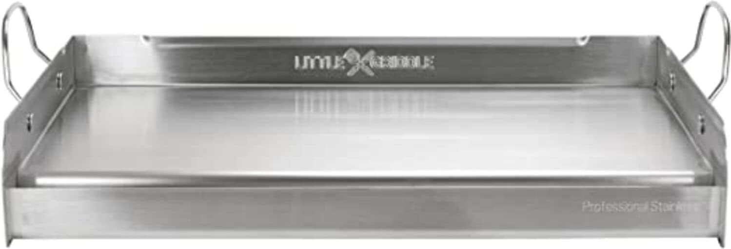 LITTLE GRIDDLE griddle-Q GQ230 100% Stainless Steel Professional Quality Griddle with Even Heat Cross Bracing and Removable Handles for Charcoal/Gas Grills, Camping, Tailgating, and Parties (25"x16"x6.5")
