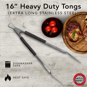 Grill Tongs Extra Long 16-inch Heavy Duty for BBQ and Grilling | Extra Long Stainless Steel Grilling Tongs for Outdoor Grill and Kitchen Cooking | Long Metal Tongs with Safety Hand Grips